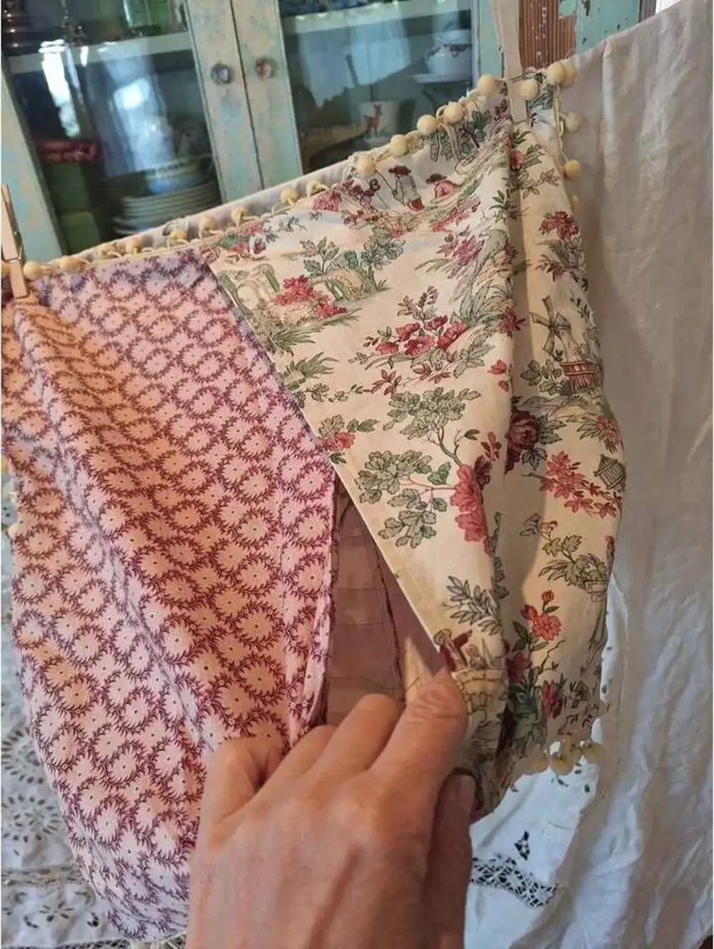 Quilt pillow sham, hand made, French toile, cotton, 17